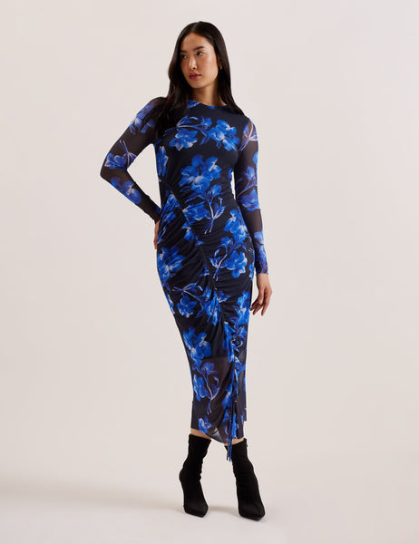 Floral Print Bodycon Mesh Midi Dress | Marliyy