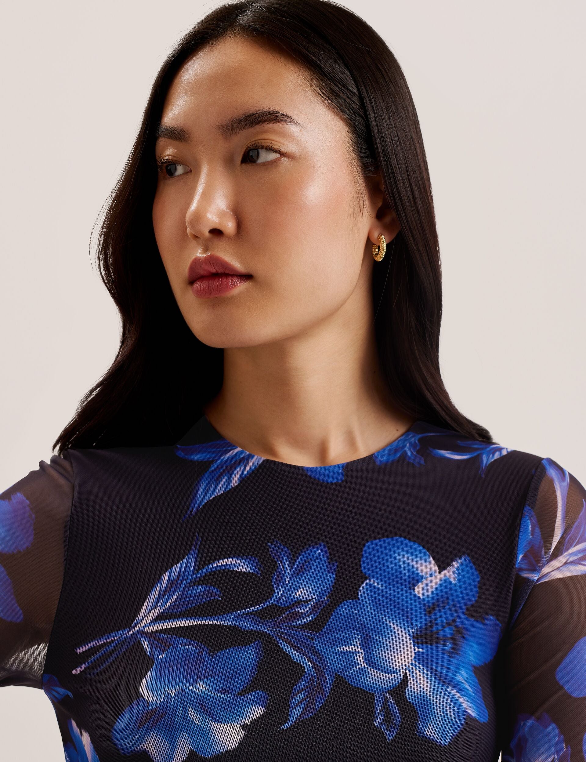 ted baker blue dress Floral Print Bodycon Mesh Midi Dress | Marliyy
