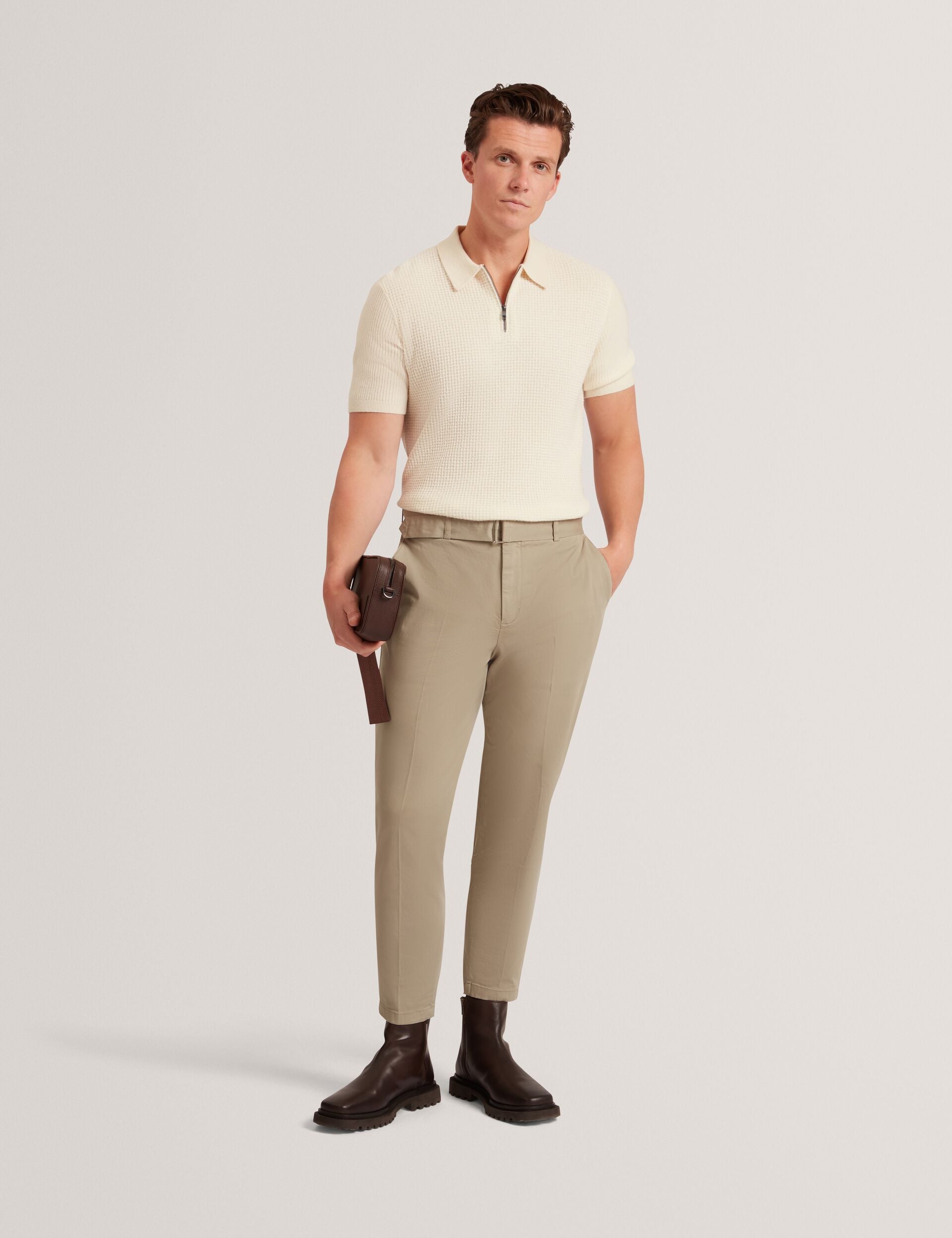 Ecru Waffle Knit Zip Neck Short Sleeve Polo | Jaylon | Ted Baker US