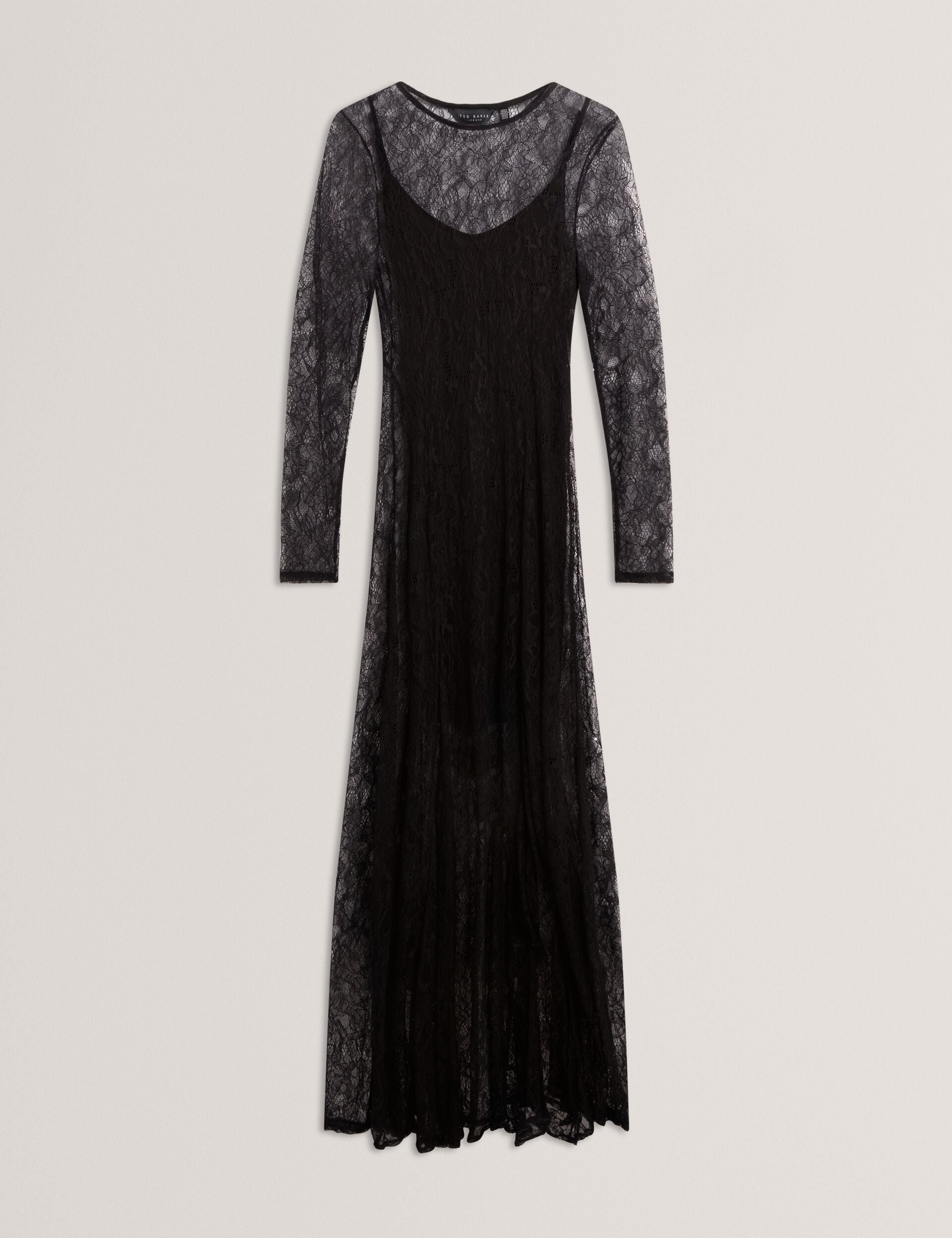 Black Sheer Lace Long Sleeve Maxi Dress | PETUNYA | Ted Baker Black Sheer Lace Long Sleeve Maxi Dress | PETUNYA | Ted Baker
