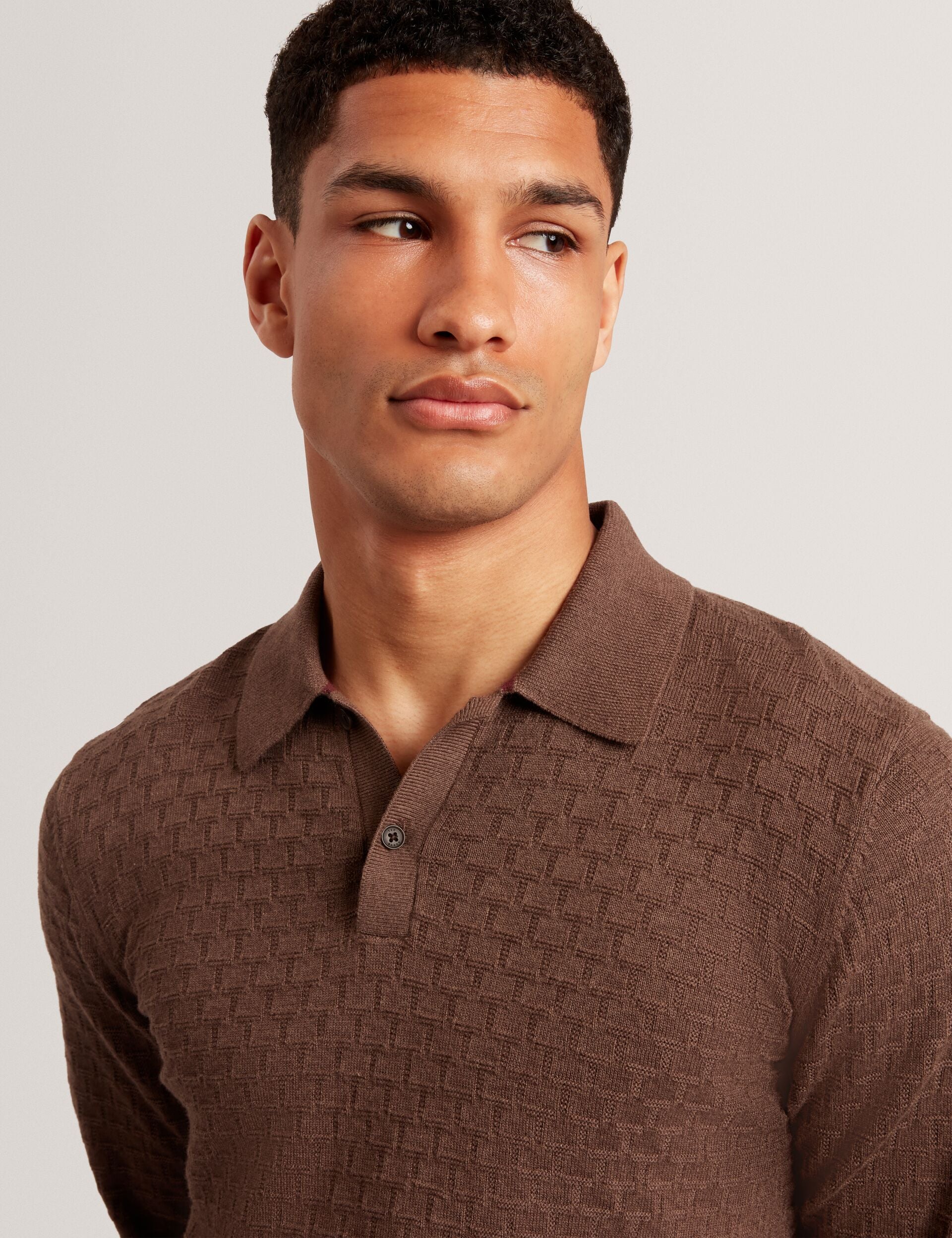 Branded Texture Knit Long Sleeve Polo | Gaten | Ted Baker US
