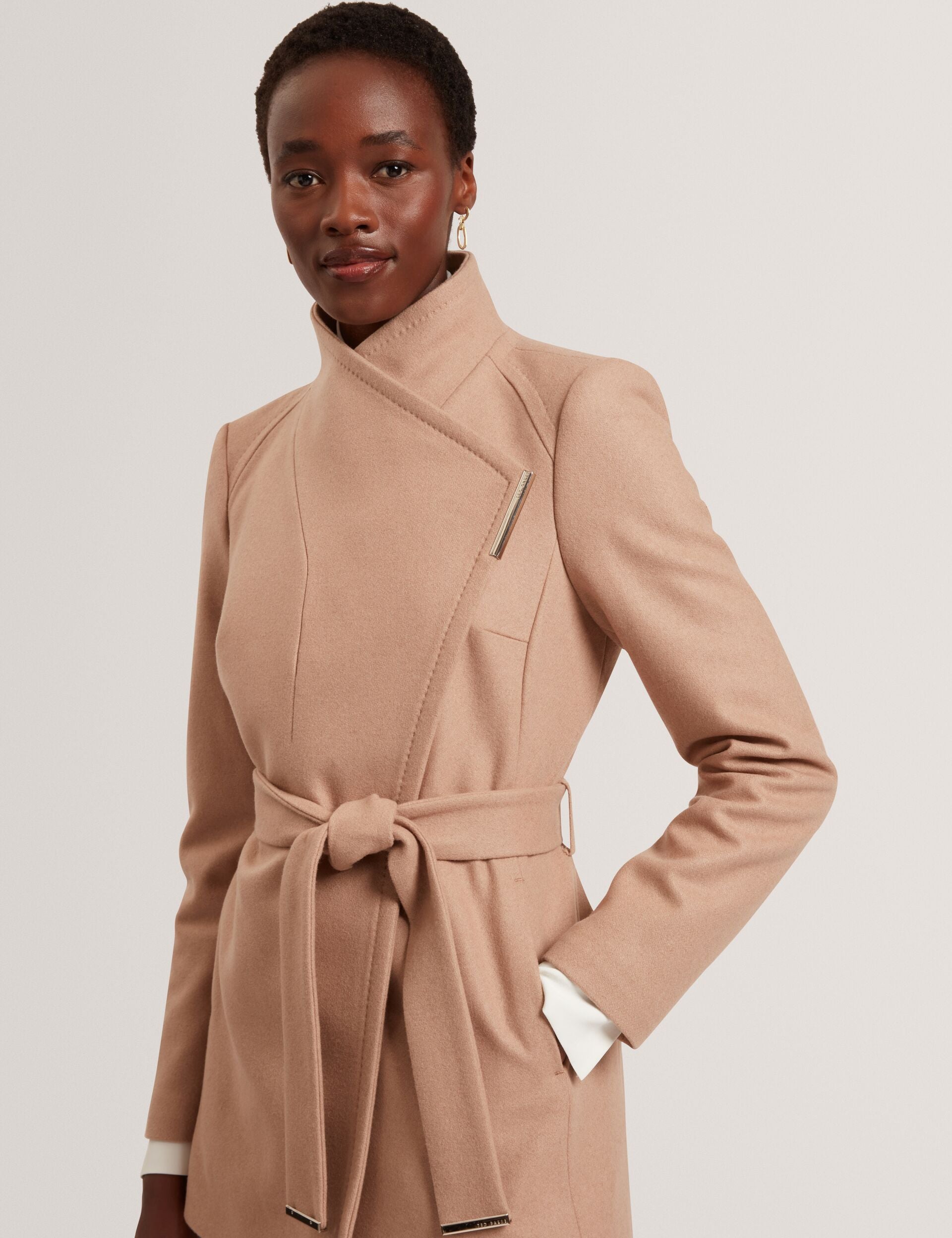 Camel Short Belted Wool Wrap Coat | Rosess | Ted Baker US