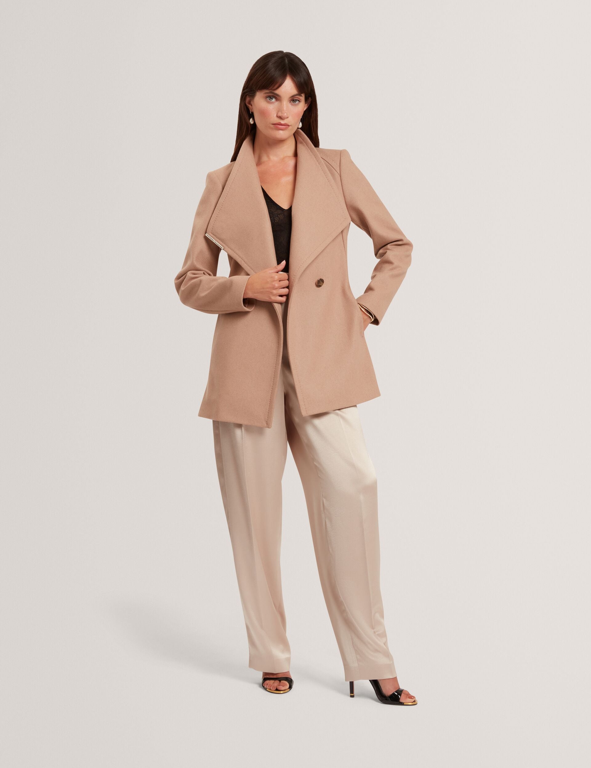 Camel Short Belted Wool Wrap Coat | Rosess | Ted Baker US