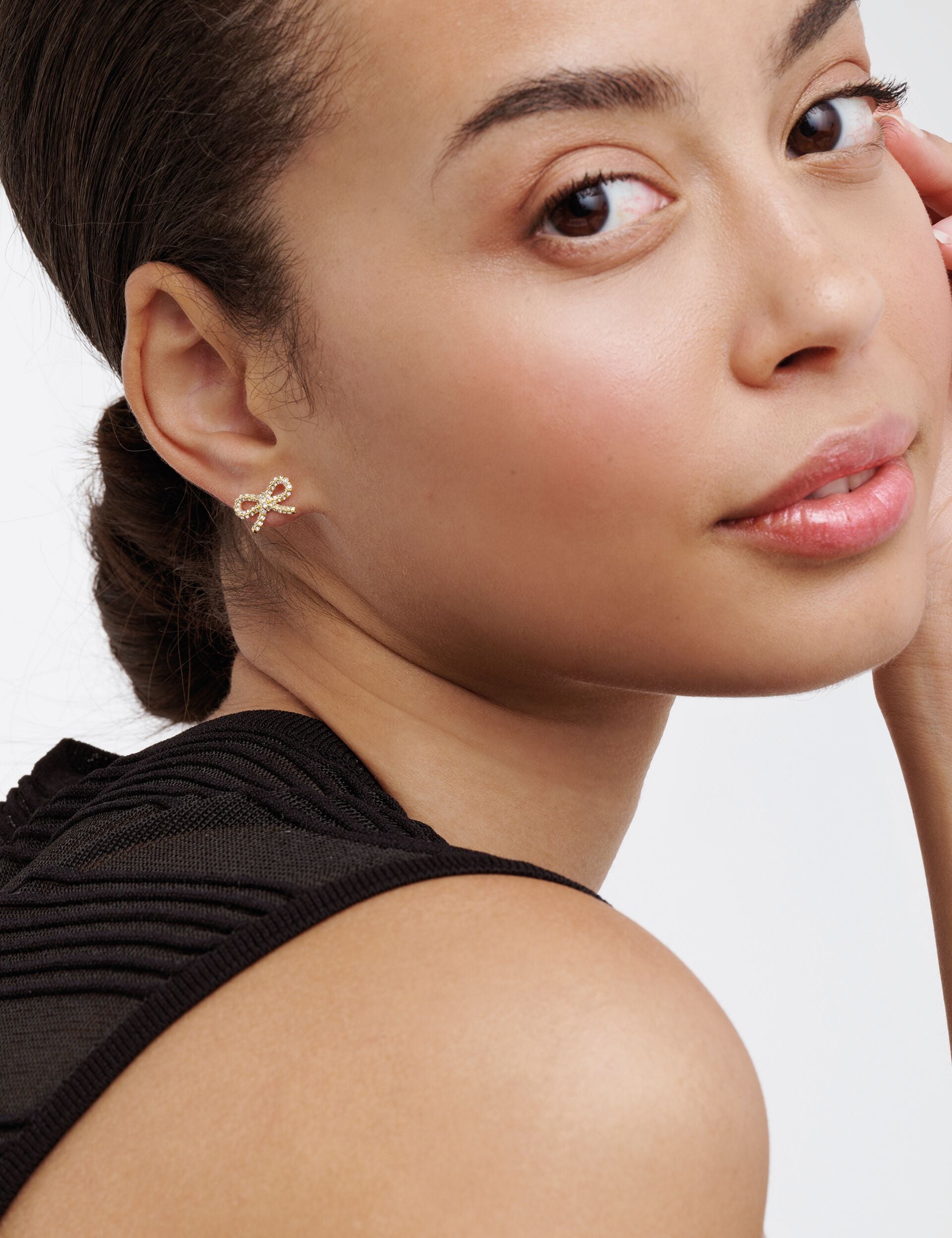 Gold Crystal Ribbon Bow Stud Earrings | RIBECCA | Ted Baker