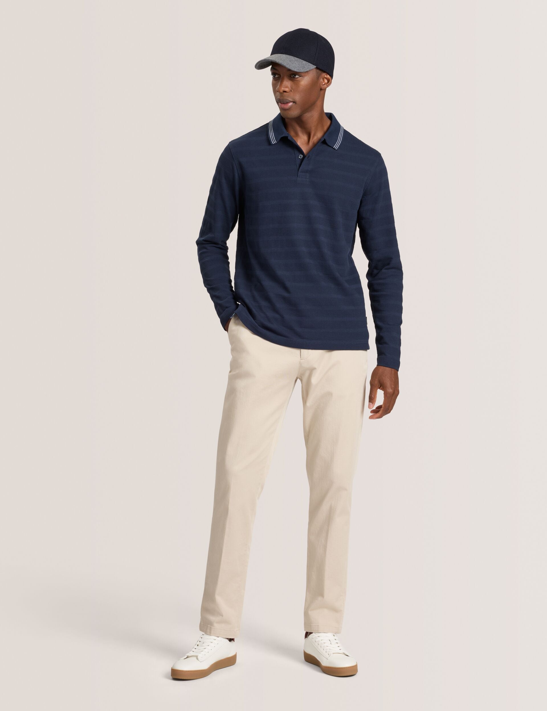 Navy Sky Captain | Popcorn Stripe Long Sleeve Polo | Ted Baker US