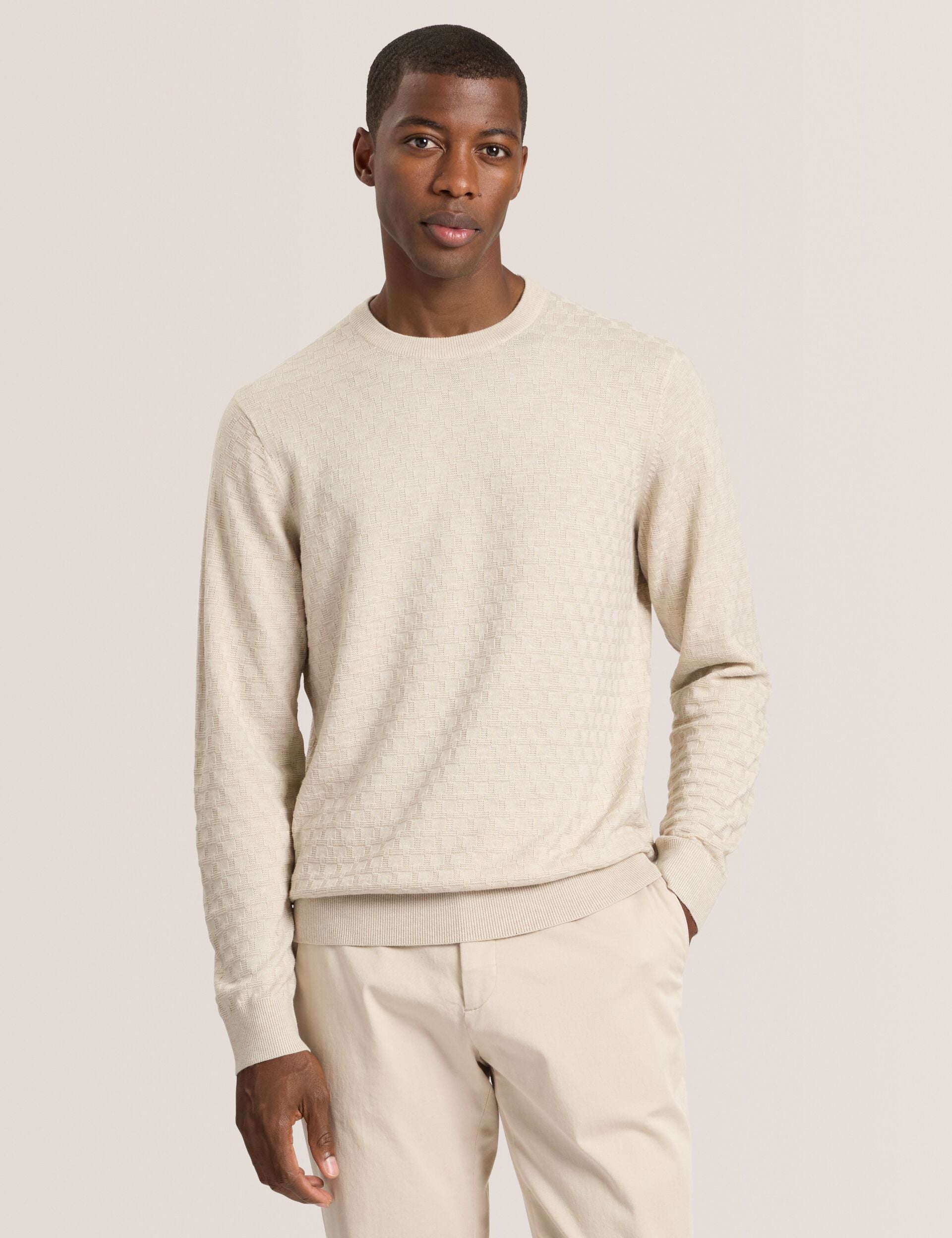 Egret Heather | T Stitch Long Sleeve Crew Neck Sweater | Ted Baker US