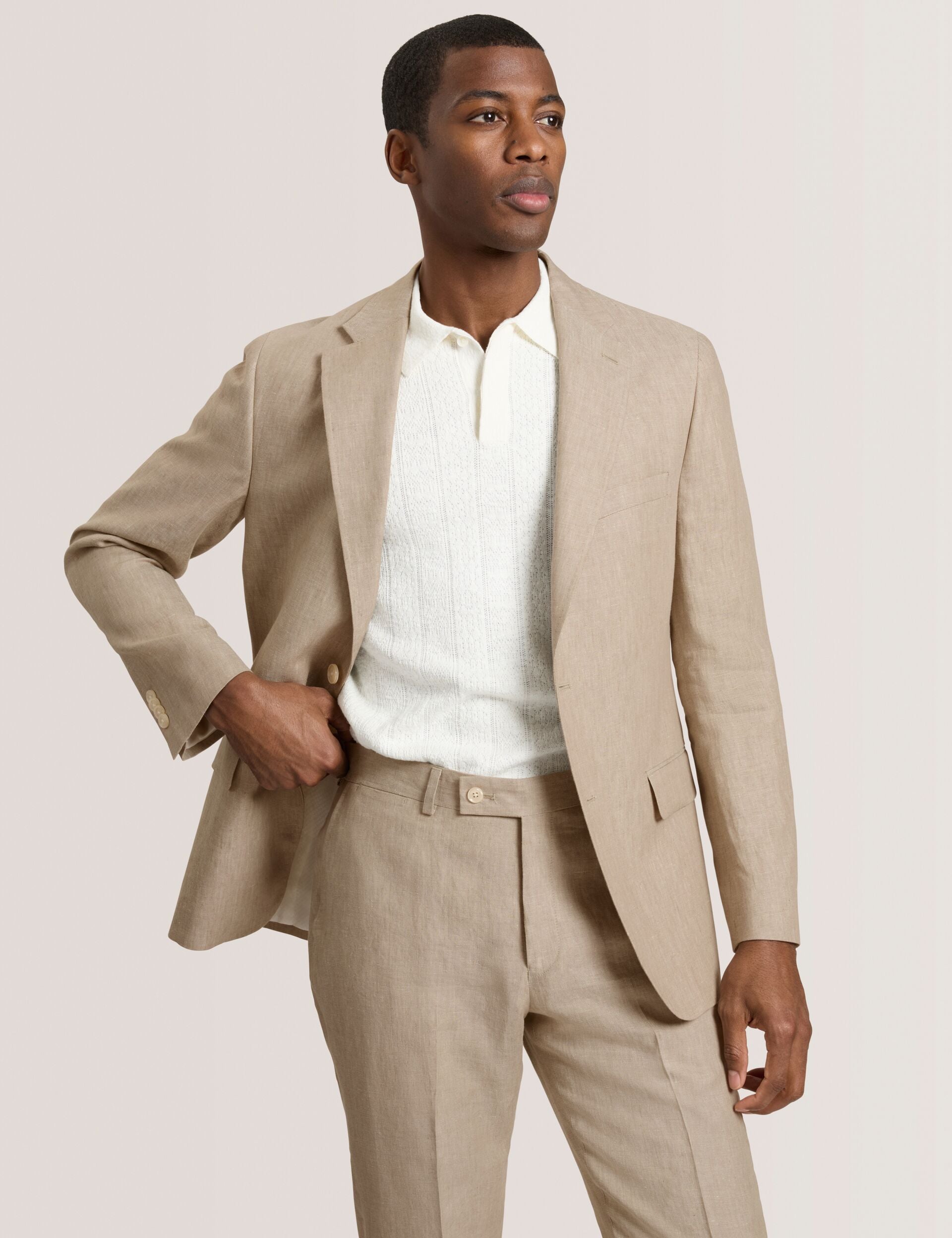 Single Breasted Two Button Notch Flat Front Linen Suit Jacket
