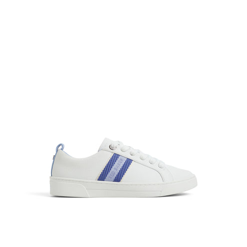 A white sneaker with blue stripes and a contrast color heel trim, featuring a lace-up closure and a branded sole.
